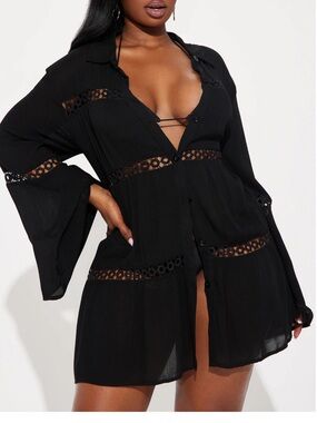 Fashion Nova Black Crochet-Trim Button Front Swim Coverup